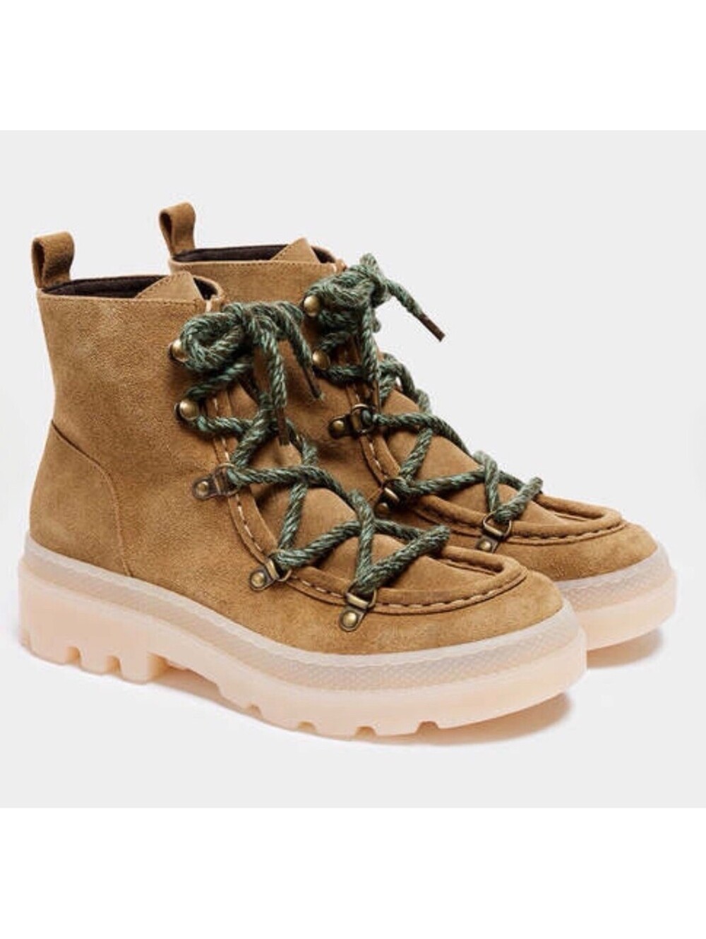Naguisa Kaus Suede Hiker Boots Camel Green Laces Women's EU 38 US 7.5 NWOT